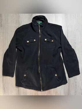 Lauren Ralph Lauren Womens Black Fleece Zip Jacket with Gold-Tone Buttons